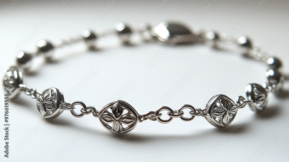 Elegant silver bracelet with decorative links and a clasp.