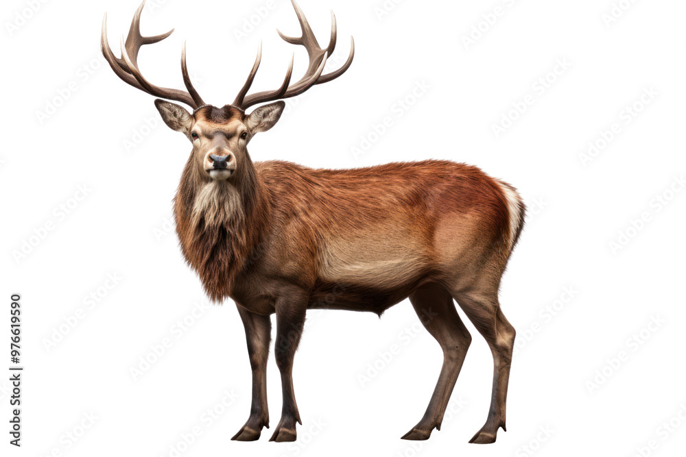 Fototapeta premium A majestic red deer stag with large antlers standing proudly isolated on white background
