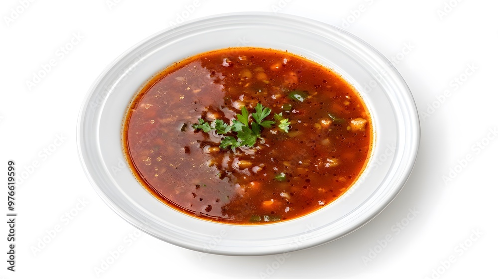 Hearty bowl of tomato soup with garnish on a white plate Hearty bowl of tomato soup with garnish on a white plate