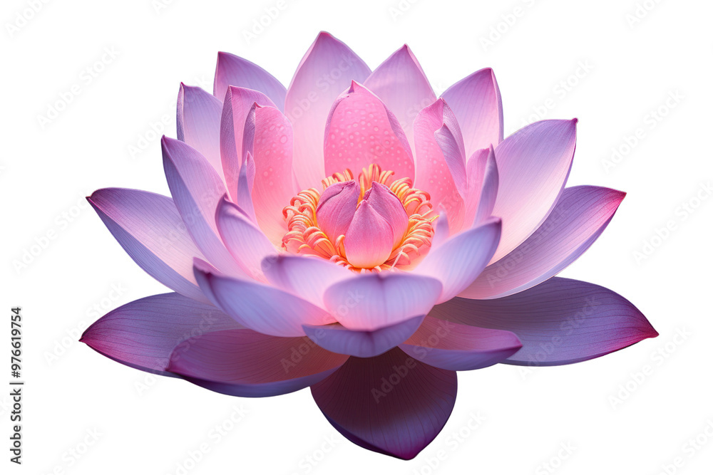 A delicate lotus flower in full bloom, with soft, glowing light illuminating its petals from above, isolated on white background A delicate lotus flower in full bloom, with soft, glowing light illuminating its petals from above, isolated on white background