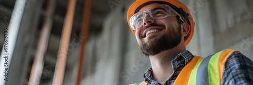 The image portrays a construction worker wearing a neon safety vest and hard hat, representing themes of safety, labor, and outdoor work environments. photo