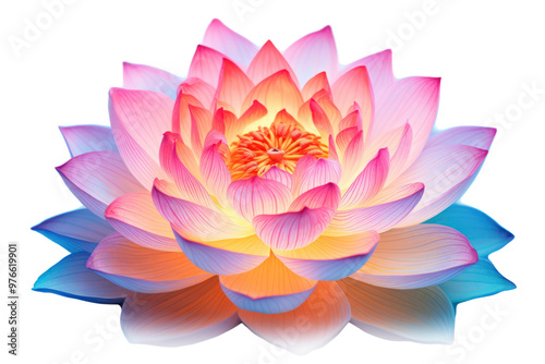 A delicate lotus flower in full bloom, with soft, glowing light illuminating its petals from above, isolated on white background