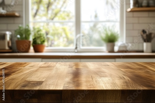 Brown wood table top over blurred kitchen counter interior background with window , ai