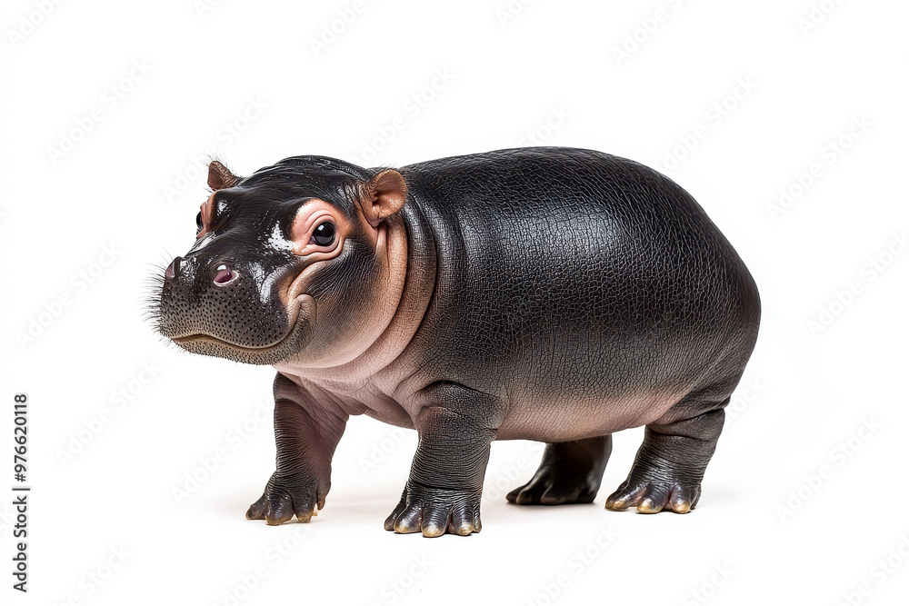 a baby pygmy hippo who standing on isolated white background. a baby pygmy hippo who standing on isolated white background.