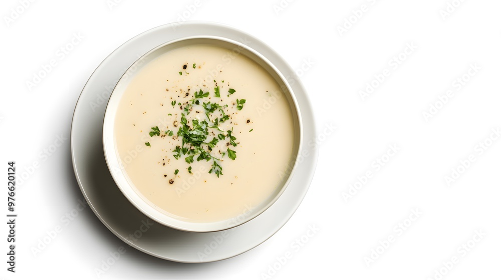 Creamy cauliflower soup garnished with fresh herbs and cracked pepper in a white bowl Creamy cauliflower soup garnished with fresh herbs and cracked pepper in a white bowl