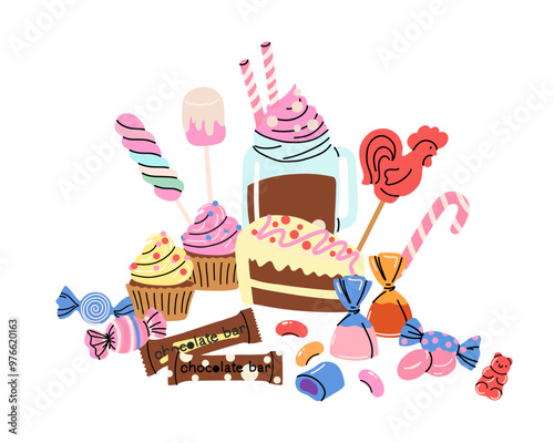 Sweets and candy. Chocolate bars, caramel, toffee, different lollipop on sticks, marmalade bears. Confectionery shop elements. Christmas and birthday kids present cartoon flat isolated illustration