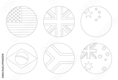 circle icon outline set of flags of united states, united kingdom, china, brazil, south africa and australia. vector illustration isolated on white background