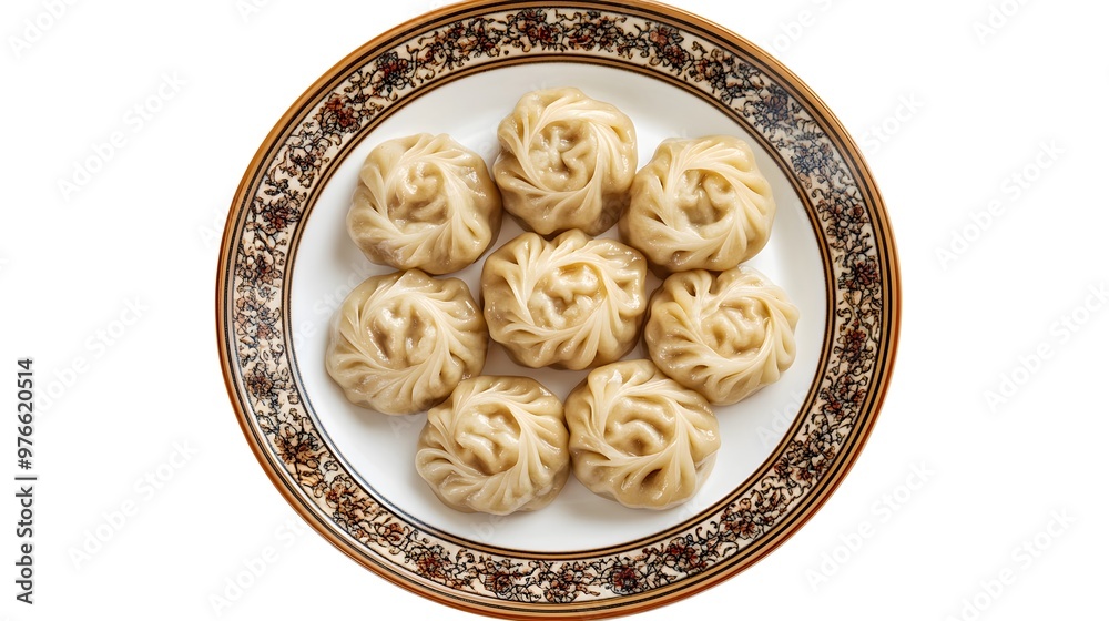 Traditional georgian khinkali dumplings on ornate plate top view Traditional georgian khinkali dumplings on ornate plate top view