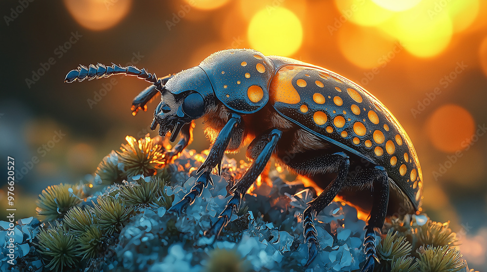 Powderpost beetle, from the side, profile view, Hyper-realistic, early morning light Powderpost beetle, from the side, profile view, Hyper-realistic, early morning light