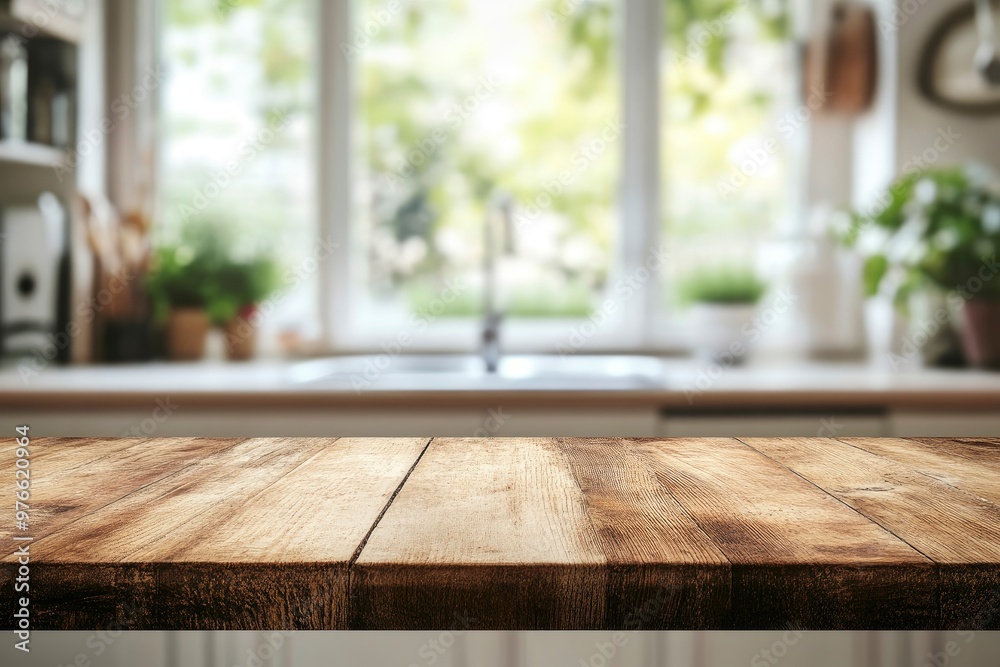 Brown wood table top over blurred kitchen counter interior background with window , ai Brown wood table top over blurred kitchen counter interior background with window , ai
