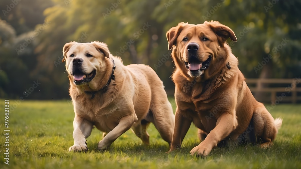 Two large dogs enjoying one other's company while playing in a grassy area Two large dogs enjoying one other's company while playing in a grassy area