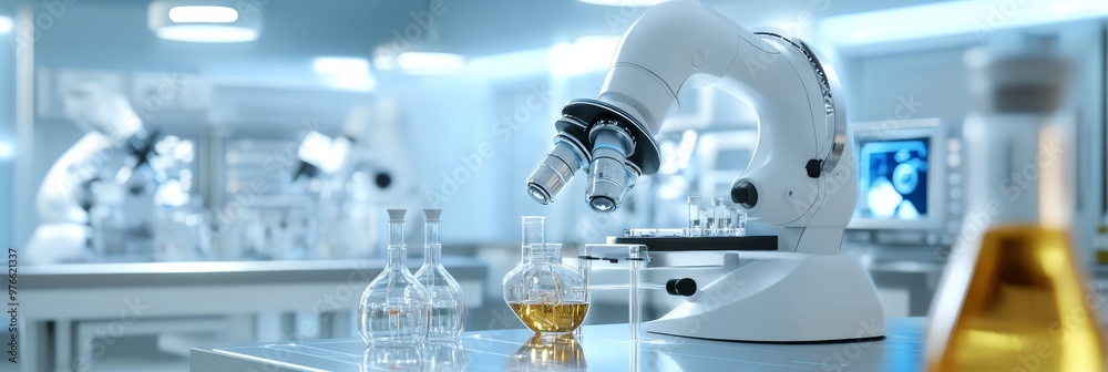 A futuristic laboratory showcasing advanced equipment, a microscope, and chemical solutions for scientific research and discovery. A futuristic laboratory showcasing advanced equipment, a microscope, and chemical solutions for scientific research and discovery.