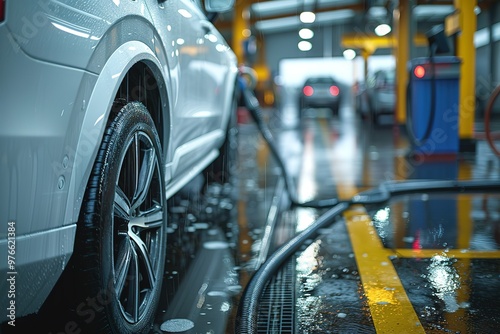 A white car is being washed in a car wash