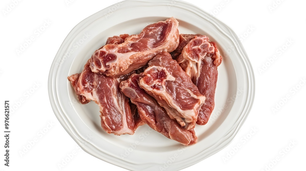 Fresh raw pork ribs on white plate isolated on white background for culinary preparation Fresh raw pork ribs on white plate isolated on white background for culinary preparation