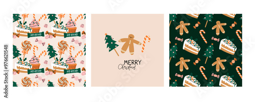 Christmas sweets and candy seamless pattern. Xmas sweet food. Cupcakes, gingerbread man, lollipop and candy cane. Decor textile, wrapping, wallpaper. Print for fabric Cartoon flat vector background