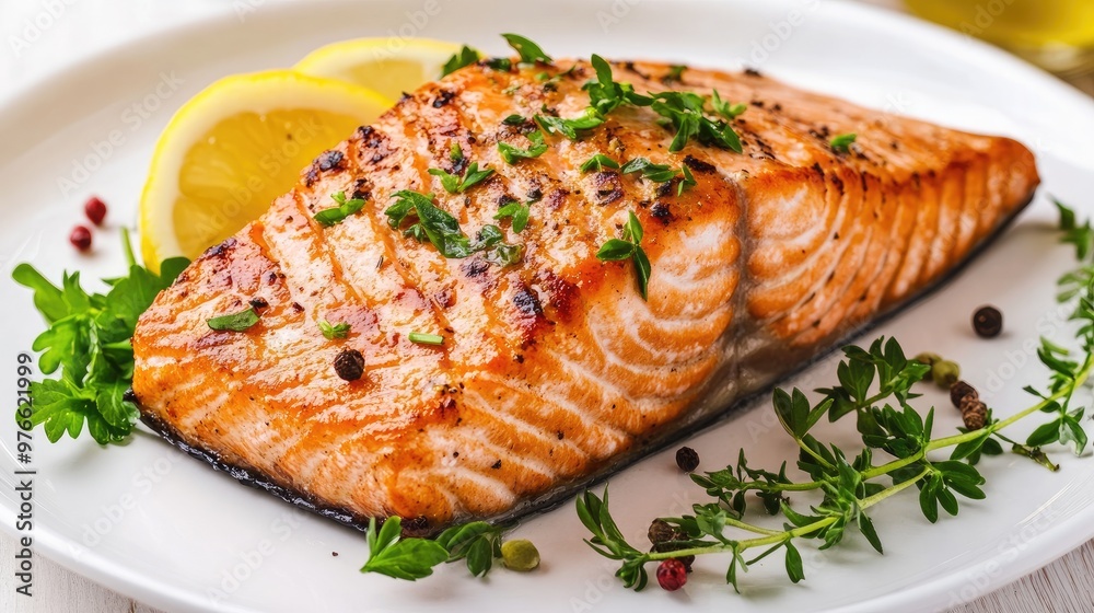 Grilled salmon steak with lemon and herbs on a white plate. Grilled salmon steak with lemon and herbs on a white plate.