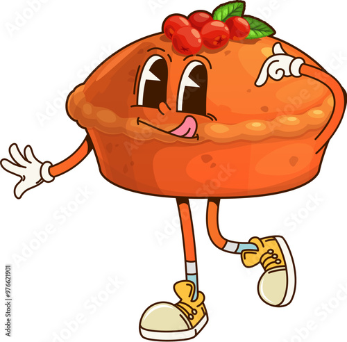 Cartoon groovy thanksgiving pie character exuding funky vibes. Cheerful pastry personage with a licking tongue, sporting sneakers and a berry topping, bringing a playful retro twist to festive holiday