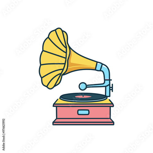 Gramophone playing a record, line art vector design