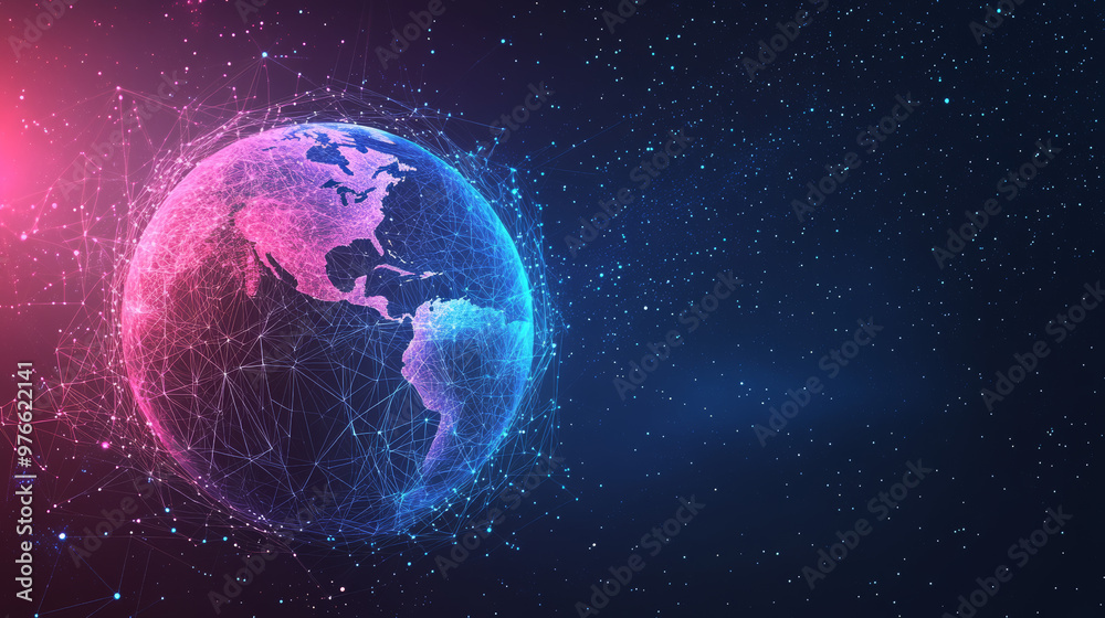 Earth in space depicted with low poly art. 3D polygonal sunrise over the planet, showcasing cosmos exploration. Connected dots and lines create a vector color wireframe mesh on a dark backdrop. Earth in space depicted with low poly art. 3D polygonal sunrise over the planet, showcasing cosmos exploration. Connected dots and lines create a vector color wireframe mesh on a dark backdrop.