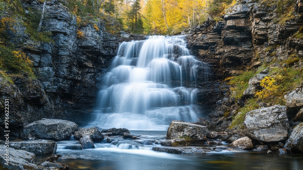 Majestic waterfall cascading down a rocky cliff. Majestic waterfall cascading down a rocky cliff.