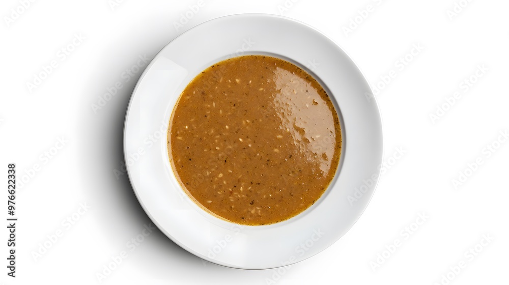 Creamy peanut butter soup in white bowl on clean background