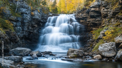 Majestic waterfall cascading down a rocky cliff.