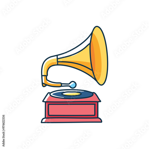 Gramophone playing a record, line art vector design