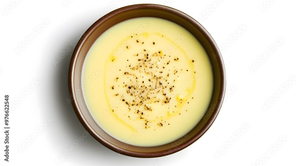 Creamy potato soup with black pepper in a brown bowl on white background Creamy potato soup with black pepper in a brown bowl on white background