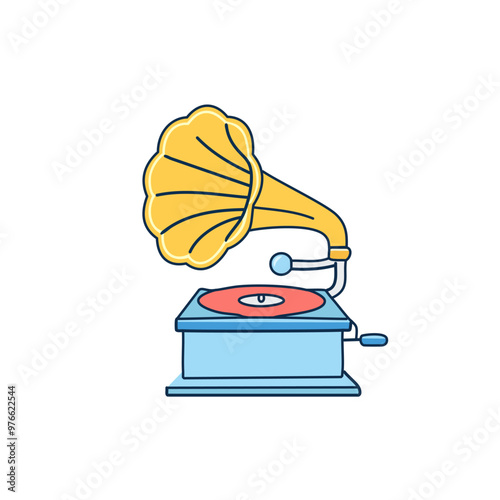 Gramophone playing a record, line art vector design