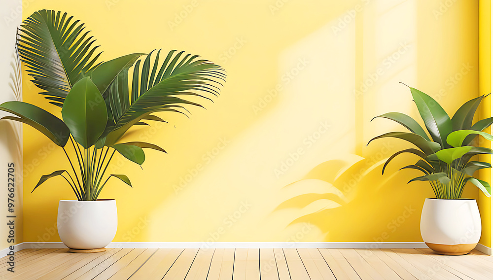 Minimalist and modern interior designof living room featuring a color-themed layout, wall with soft shadows of palm leaves cast across it, Minimalist and modern interior designof living room featuring a color-themed layout, wall with soft shadows of palm leaves cast across it,