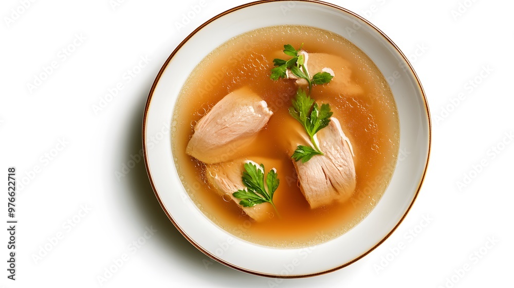 Hearty chicken soup with fresh herbs in a ceramic bowl on a white background