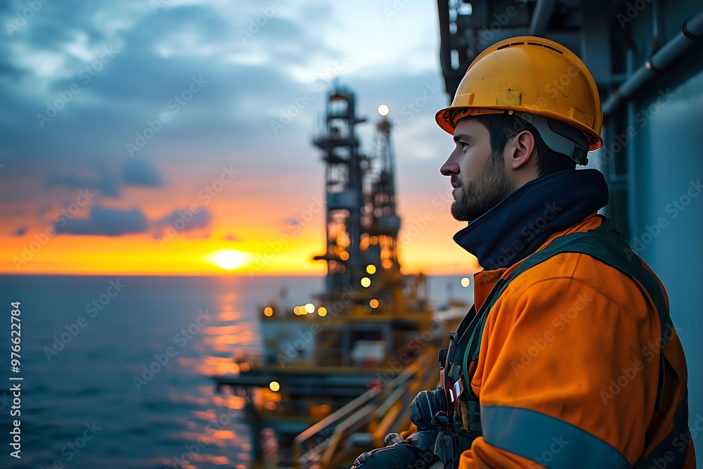 An HSE officer on an offshore platform implementing safety protocols to ensure compliance with maritime regulations in the oil and gas industry.