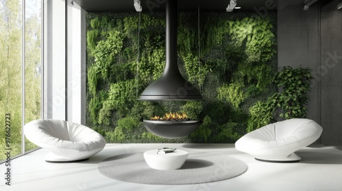 Suspended fireplace in modern living room with circular lounge chairs green wall hydroponics Steampunk design concept Sensoryrich environment Stock photo
 photo