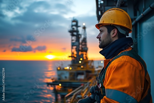 Obraz na płótnie An HSE officer on an offshore platform implementing safety protocols to ensure compliance with maritime regulations in the oil and gas industry.
w salonie