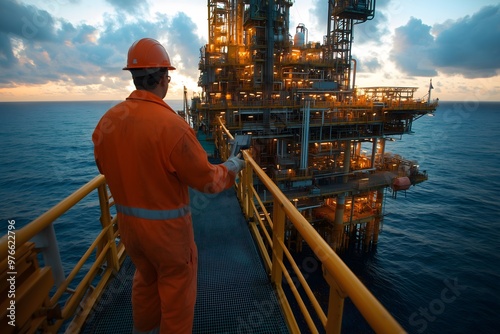 An HSE officer on an offshore platform implementing safety protocols to ensure compliance with maritime regulations in the oil and gas industry.
