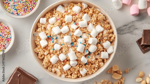 Rice Krispies cereal with marshmallows and chocolate chips and peanut butter and sprinkles and mini marshmallows.