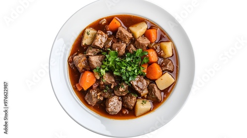 Delicious homemade beef stew with tender vegetables and fresh parsley garnish photo