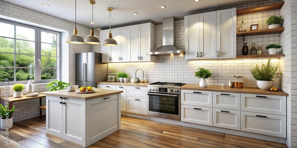 Bright and airy modern kitchen features a white backsplash, cutting-edge appliances, and minimalist countertops, Bright and airy modern kitchen features a white backsplash, cutting-edge appliances, and minimalist countertops,