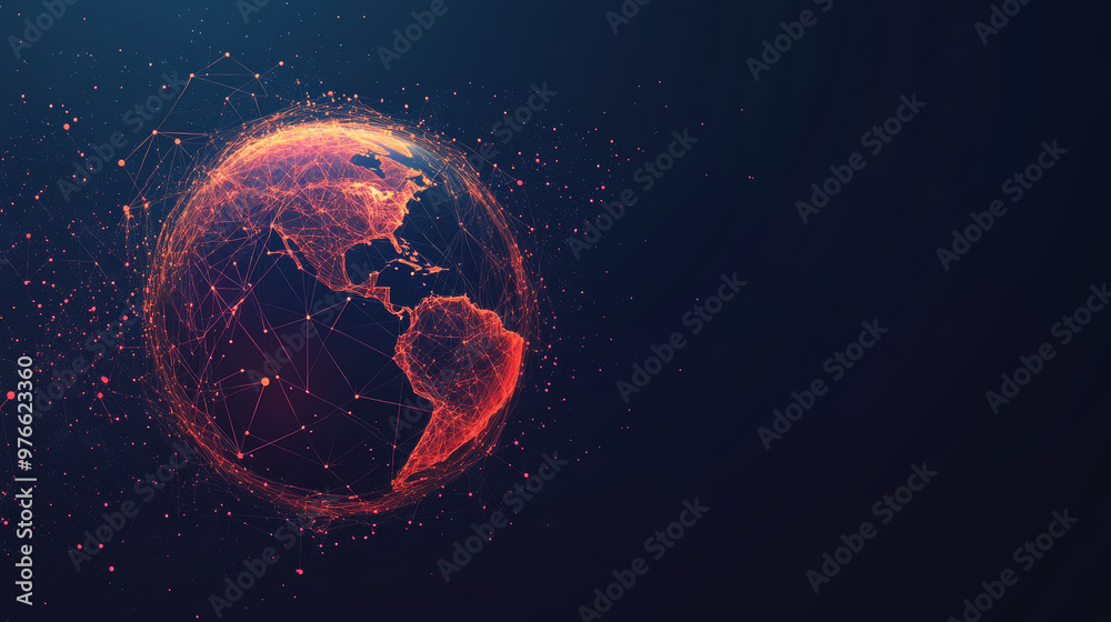 A low poly wireframe banner template depicting a 3D polygonal Earth planet in the process of melting. This ecological problem concept uses connected dots and lines to illustrate the impact of global A low poly wireframe banner template depicting a 3D polygonal Earth planet in the process of melting. This ecological problem concept uses connected dots and lines to illustrate the impact of global