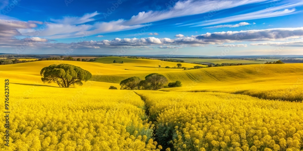 Fototapeta premium Canola fields of pure gold ripple across the horizon, a tapestry of color and light, bringing to life