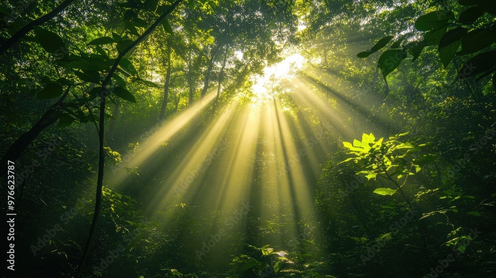 Obraz premium Sunbeams filtering through a dense forest canopy.