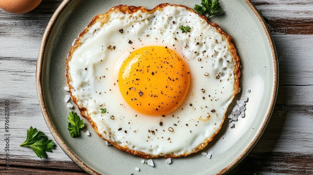 Sunny-side up egg on a plate with a sprinkle of salt and pepper. Sunny-side up egg on a plate with a sprinkle of salt and pepper.