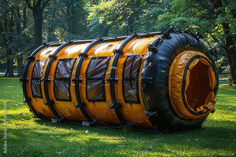 Fototapeta premium A large yellow and black inflatable tube is sitting in a grassy field