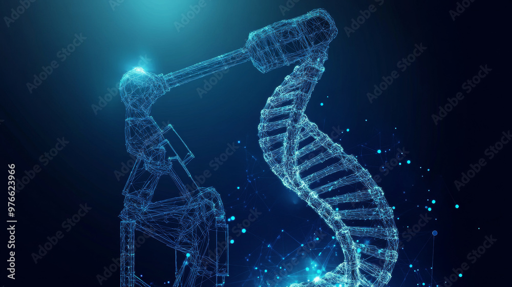 3D robotic arm and tool interacting with a DNA helix. Abstract low-poly DNA molecules and robotics set against a blue background. Concept of genetic engineering, nanotechnology, science, and medicine.