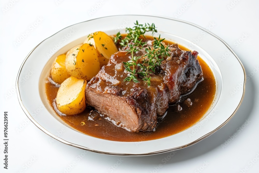 A mouthwatering plate of Sauerbraten, a classic German dish, featuring tender braised beef in a rich gravy, served with golden potatoes and a sprig of thyme. A mouthwatering plate of Sauerbraten, a classic German dish, featuring tender braised beef in a rich gravy, served with golden potatoes and a sprig of thyme.