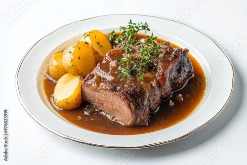 A mouthwatering plate of Sauerbraten, a classic German dish, featuring tender braised beef in a rich gravy, served with golden potatoes and a sprig of thyme.