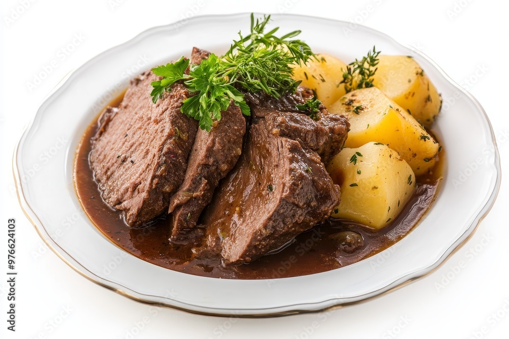 A mouthwatering Sauerbraten with potatoes, a classic German dish known for its rich flavor and tender meat, is displayed on a white plate. The dish is a perfect representation of traditional German cu A mouthwatering Sauerbraten with potatoes, a classic German dish known for its rich flavor and tender meat, is displayed on a white plate. The dish is a perfect representation of traditional German cu