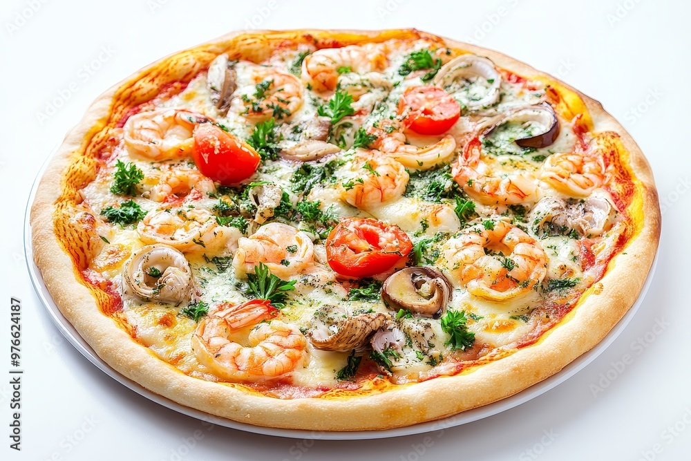 A mouthwatering seafood pizza topped with fresh shrimp, mushrooms, tomatoes, and melted cheese. The pizza crust is golden brown and crispy, and the toppings are arranged in a visually appealing way. A mouthwatering seafood pizza topped with fresh shrimp, mushrooms, tomatoes, and melted cheese. The pizza crust is golden brown and crispy, and the toppings are arranged in a visually appealing way.