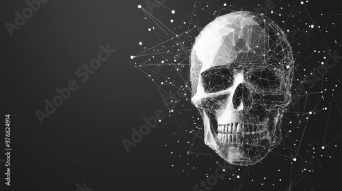 A grey skull is depicted with polygonal lines on an abstract background. The skull is designed in a low poly style, with connecting dots and lines forming a geometric, space-like structure.