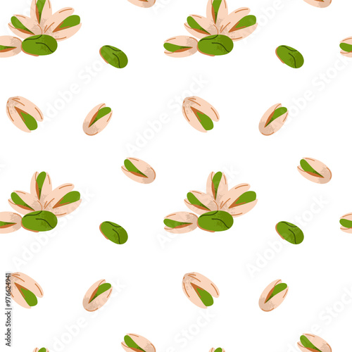 Cartoon pistachio seamless pattern. Nuts in shell and peeled pieces. Healthy food. Diet snack. Organic vegetarian. Decor textile, wrapping, wallpaper. Print for fabric, vector isolated illustration